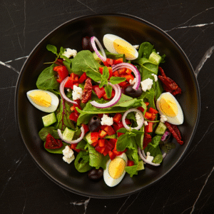 Croustillant, Salade, poivrons, oignons, tomates séchées Concombres, feta, œufs, olives, origan