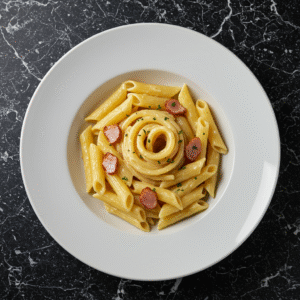 Pâtes Penne à la sauce Carbonara.