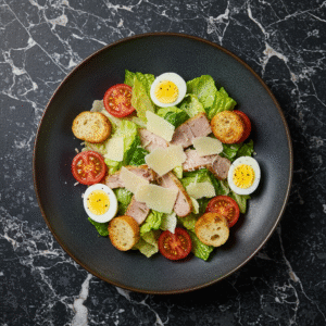 Salade, tomates, croûtons nature, œuf, copeaux de parmesan, crudités, sauce Caesar "Maison"