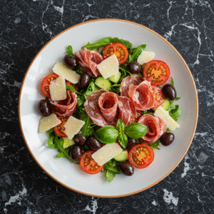 Salade, tomates cerises, Billes di Buffala, Viande de Boeuf séchée, Copeaux de Parmesan, olives noires, Basilic